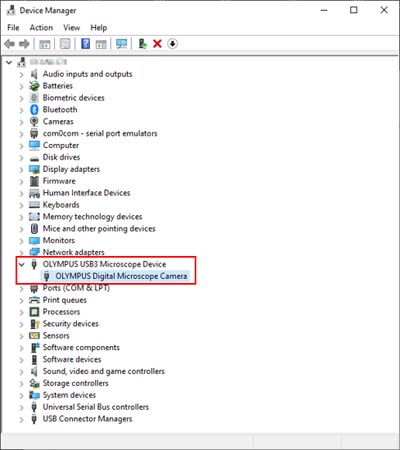 Make sure the camera driver is listed as “OLYMPUS Digital Microscope Camera” in the Device Manager.