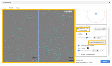 Software del sistema de monitorización de incubación CM30 que muestra la comparación de los parámetros y estima automáticamente el tamaño de las células.